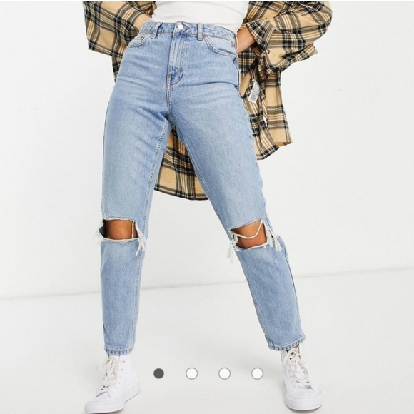 TOPSHOP High Rise Mom Jeans Distressed Knees Blue‎ Womens Sz W30 L30 - Picture 1 of 14